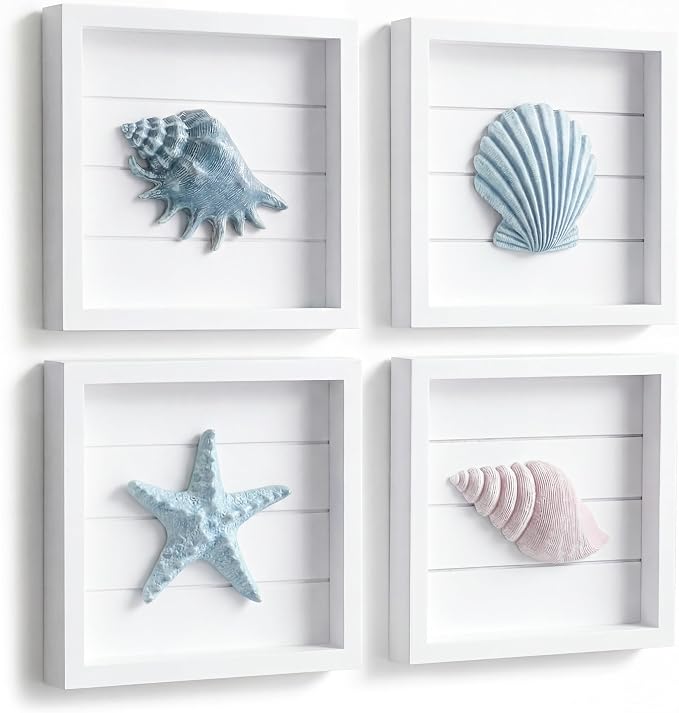 Tide and Tales 3D Coastal Wall Art, Beach Wall Decor, Framed Set of 4 | 7" x 7" by TideandTales
