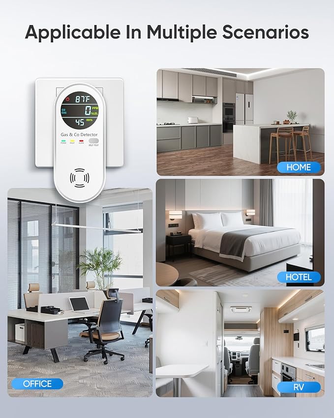 Vilfet Carbon Monoxide Detectors & Natural Gas Detector, 4-in-1 Carbon Monoxide Detectors Plug in, Gas Leak Detector with Dual Alarms, Temperature & Humidity Sensor for Home, RV, White, 3 Packs