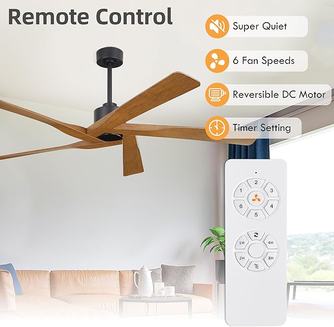 WINGBO 64" ABS DC Ceiling Fan No Light, 5 Blade ABS Plastic Ceiling Fan with Remote, 6-Speed Reversible DC Motor, Ceiling Fans without Light for Kitchen Bedroom Living Room, Matte Black and Walnut