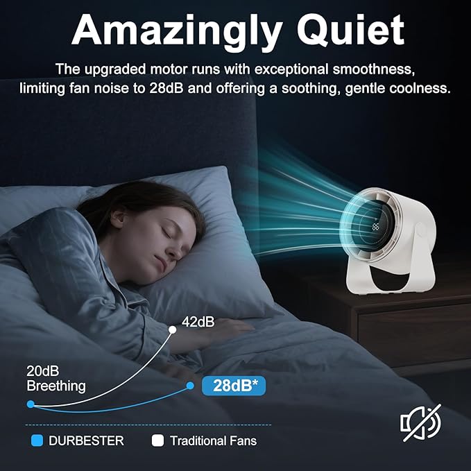 DURBESTER Small Desk Fan, 28dB Ultra-Quiet Desktop Air Circulator with 115° Adjustable Tilt, 100 Speeds, Rechargeable Battery, USB-Powered, Portable for Bedroom, Office, Kitchen, Travel -White