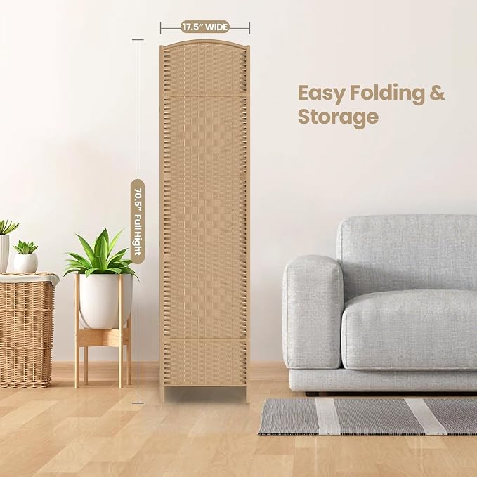 4 Panel Folding Room Divider, Woven Privacy Screen, Light Beige | Solid wood - Image 7