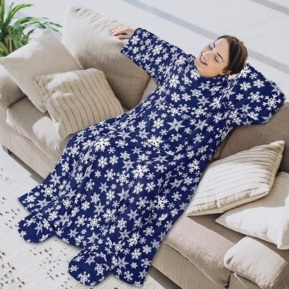 PAVILIA Fleece Blanket with Sleeves, Foot Pockets for Women Men Adults, Plush Wearable Blanket Throw Wrap, Warm Snuggle Blanket Robe, Cozy Gift Ideas Wife Mom, Snowflake Blue