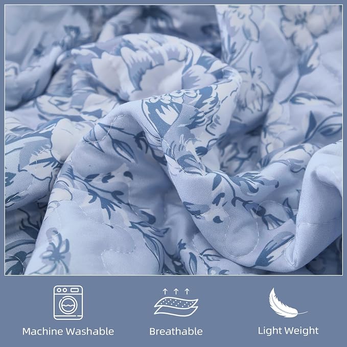 WONGS BEDDING Botanical King Quilt Bedding Set, Soft Blue Bedspread | Floral - Image 5