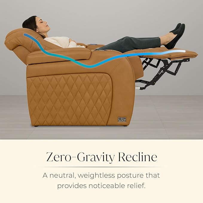 Seatcraft Diamante Zero-Gravity CoolZero Italian Leather Home Theater Seating, Power Headrest, Power Recline, Row of 2 Loveseat, Tan Oak