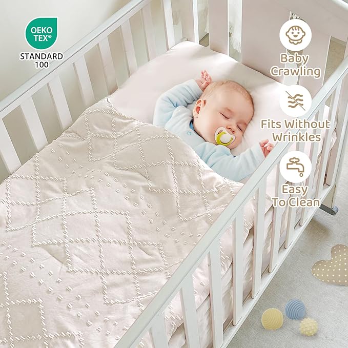 Wowelife Crib Bedding Set for Girls, 3 Pieces Baby Crib Bedding Set Newborn, Mini Tufted Jacquard Ruffle Fringe Boho, Infant & Nursery with Comforter, Crib Fitted Sheet and Crib Skirt, Beige