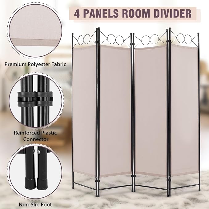 4 Panel Room Divider 6FT Steel Frame Screen Folding Privacy Divider - Image 5