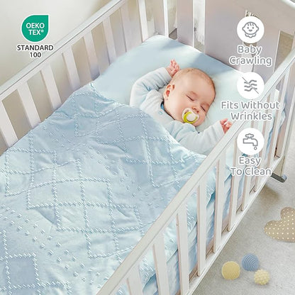 Wowelife Mini Crib Bedding Set for Girls, 3 Piece Tufted Jacquard Ruffle Fringe Baby Girl Crib Bedding Set Newborn, Infant & Nursery with Comforter, Crib Fitted Sheet and Crib Skirt, Blue