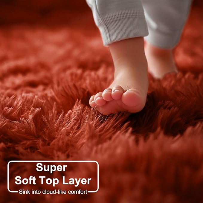 Amdrebio Terracotta Fluffy Round Area Rug 5Ft - Image 4