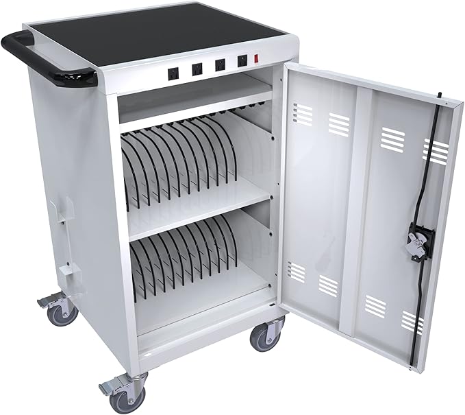 OFLILAK 36-Device Mobile Charging Cart with Charging Power Strip and Front and Rear Access Locks, Cable Management, Up to 17"", Safe Charging Cabinet for Ipads, Chromebooks, Tablets, Laptops White