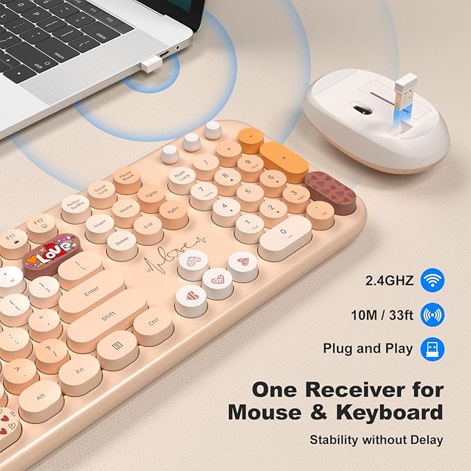 MOFII Wireless Keyboard and Mouse Combo, Full Size 2.4G Plug and Play Typewriter Retro Round Computer Keyboard and Mouse Set for Windows, Computer, Desktop, PC, Notebook - (Milk Tea Colorful)