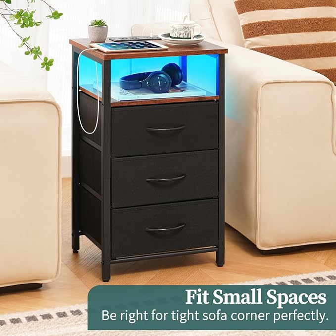 Yoobure Night Stand with Charging Station, 3 Fabric Drawers Nightstand - Image 7