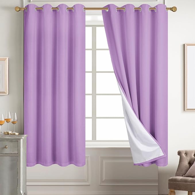 Diraysid 100% Blackout Curtains Lilac Linen Curtains - Image 2