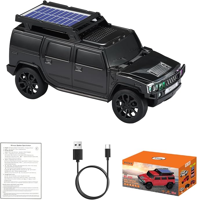 WSTER WS-696 Solar Bluetooth Replica Speaker – Portable Modern Off-Road Car Design with HD Sound, TWS, LED Party Light, USB/TF Playback, FM, Built-in Microphone, Surprise Gift(Black)