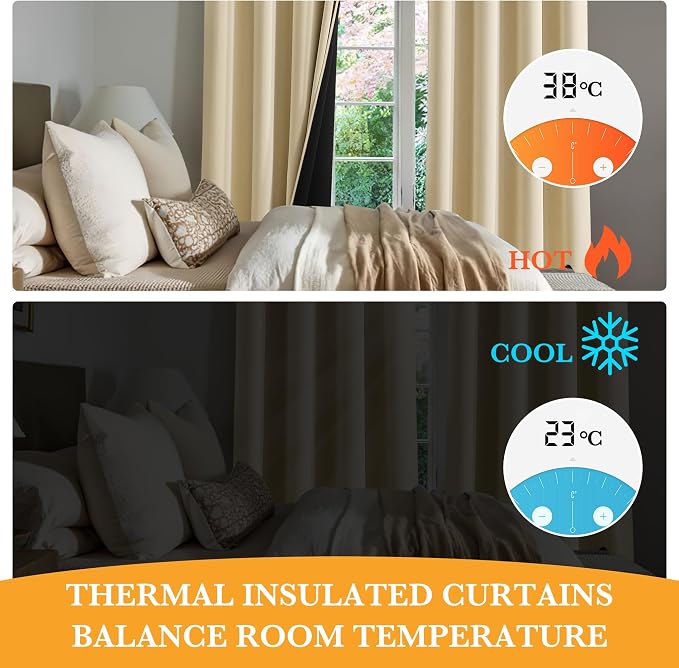 RYB HOME 100% Blackout Bedroom Curtains, Thermal Insulated Curtains | Heat & UV - Image 4