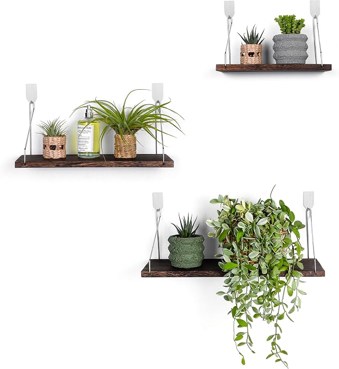 Floating Wall Shelves, Rustic Wood Wall Mounted Shelf Set of 3 | No Drill - Image 9