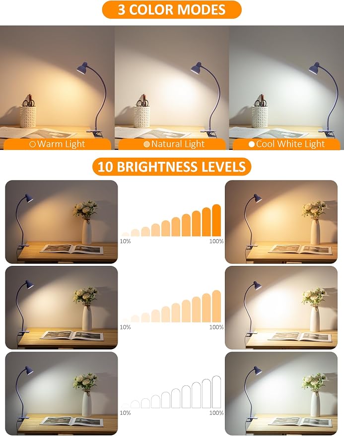 LiFMIRA Desk Lamp Clip on Lamp for Bed, LED Reading Light for Bed Purple | 3 - Image 2