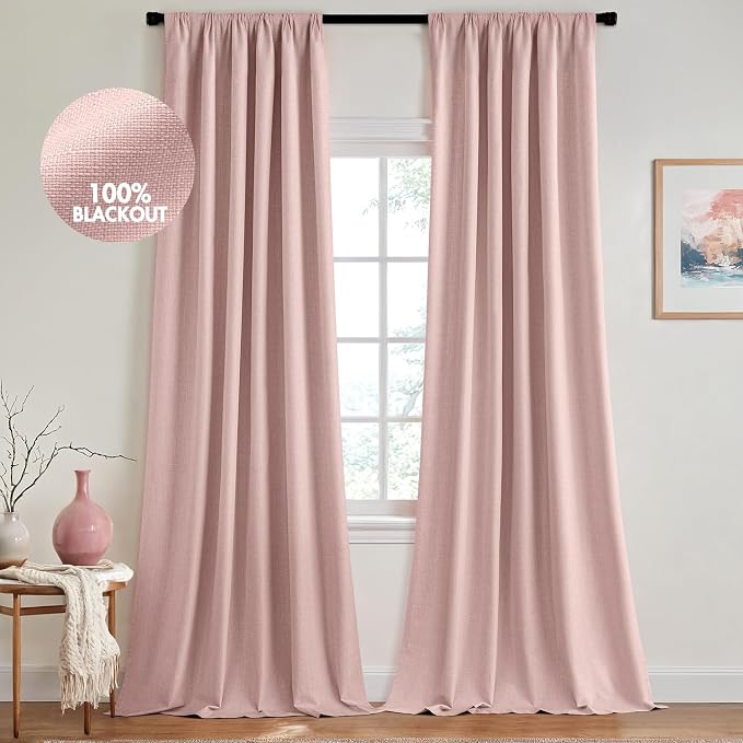 MIULEE 100% Blackout Back Tab Pleat Linen Curtains 50" Wx102 L, Light Pink | 2 by MIULEE