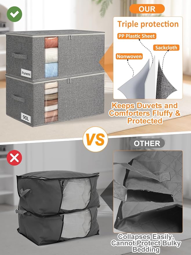 punemi 90L Rigid-Sided King Size Comforter Storage Bag, 2 Pack, Stackable Design - Image 2