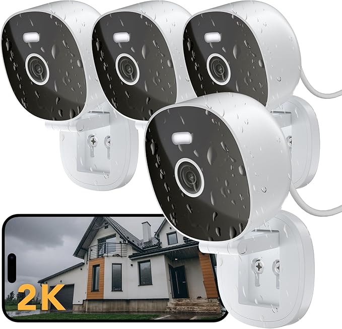 FAMVIVA 2K Security Camera, Outdoor/Indoor for Home, Pet, Baby, Nanny, IP65 Waterproof Color Night Vision, White Light & Siren, Recording, Motion Detection, Compatible with Alexa, White-4P