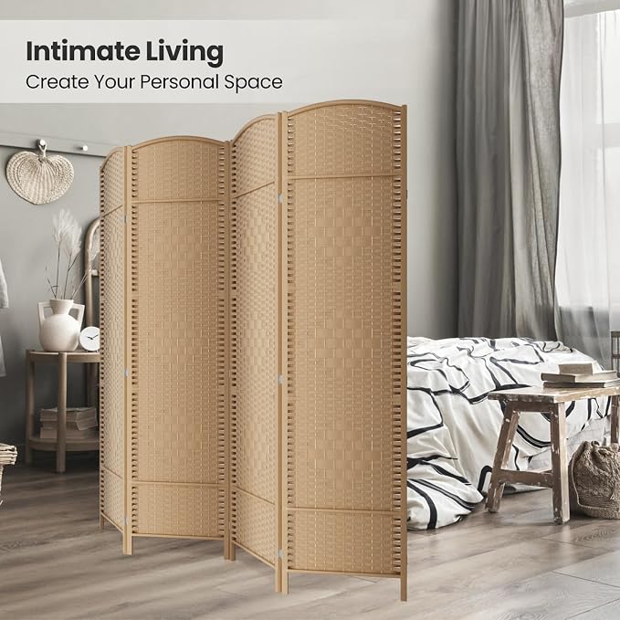4 Panel Folding Room Divider, Woven Privacy Screen, Light Beige | Solid wood - Image 4