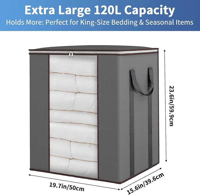Blanket Storage Bags 120L for Comforter Clothes Bedding Sheet Grey | Breathable - Image 3