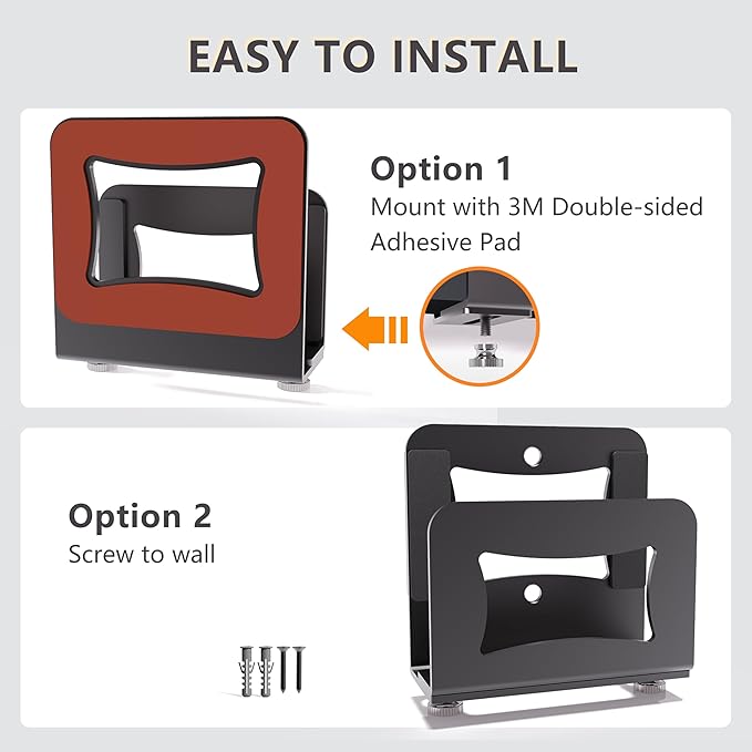 Adjustable Small Device Wall Mount Holder for Apple TV,ROKU,Router,Cable Box,Fire TV,Modem and Other Media Players, Universal Metal Bracket with Adhesive Tape & Screws Fits for 0.9"-1.8" Thick Devices