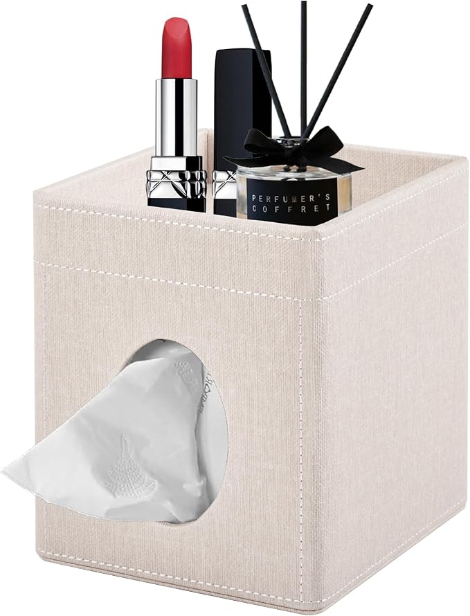 Tissue Box Cover with Storage Tray Square Tissue Box Holder PU Leather Facial by XNONE