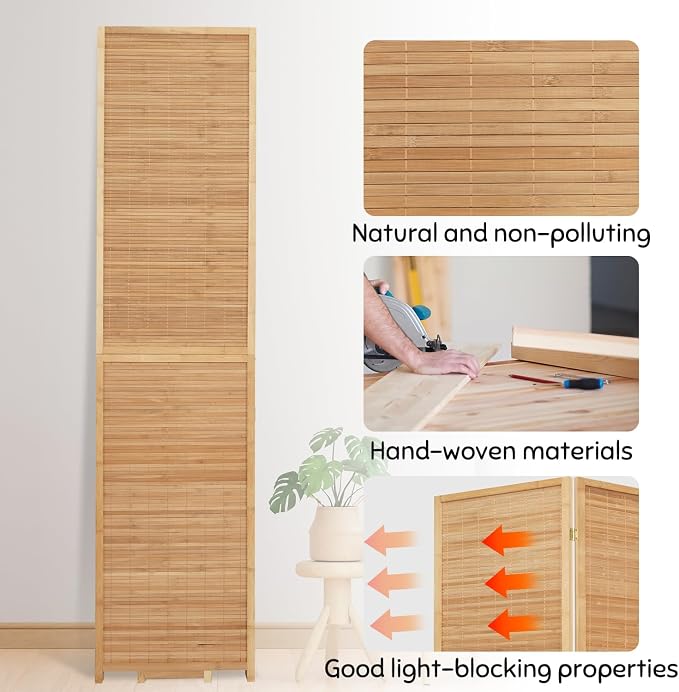 Bamboo Mesh Woven Room Divider 5.6FT, 6 Panel Folding Privacy Screen, Folding - Image 3