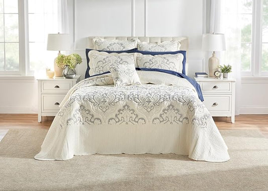 BrylaneHome Bedding Lightweight All Season Modern Amelia Quilted Damask Oversized Ultra Soft Bedspread - Queen, Ivory Navy