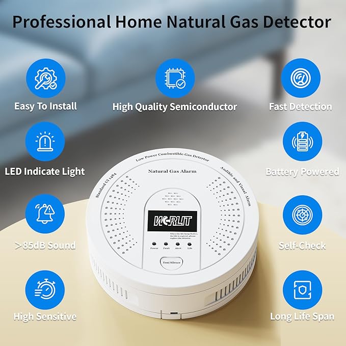 Explosion-Proof Natural Gas Detector Alarm - Ultra-Sensitive CH4/Propane Gas Leak Alert with 85dB Siren & Strobe Light, 10-Second Response Battery Methane Gas Monitor for Home RV Battery Include