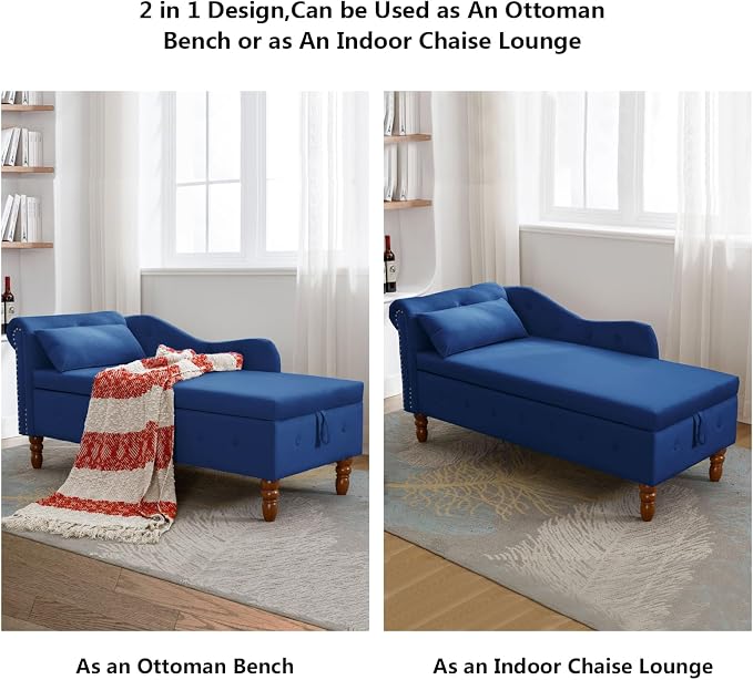 Aoowow Blue Velvet Bedroom Storage Bench End of Bed, Rolled Arm Couch Indoor - Image 6