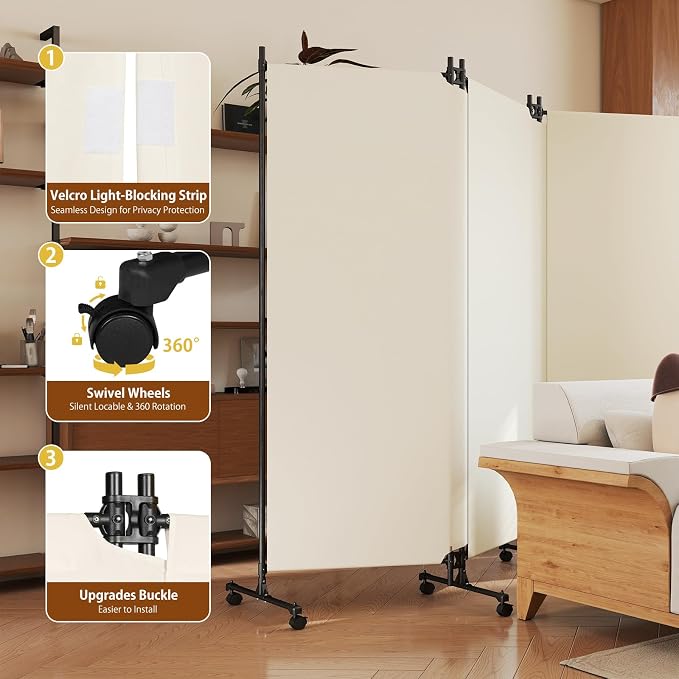 6 Panel Room Divider with Lockable Wheels, Freestanding Partition Room - Image 3