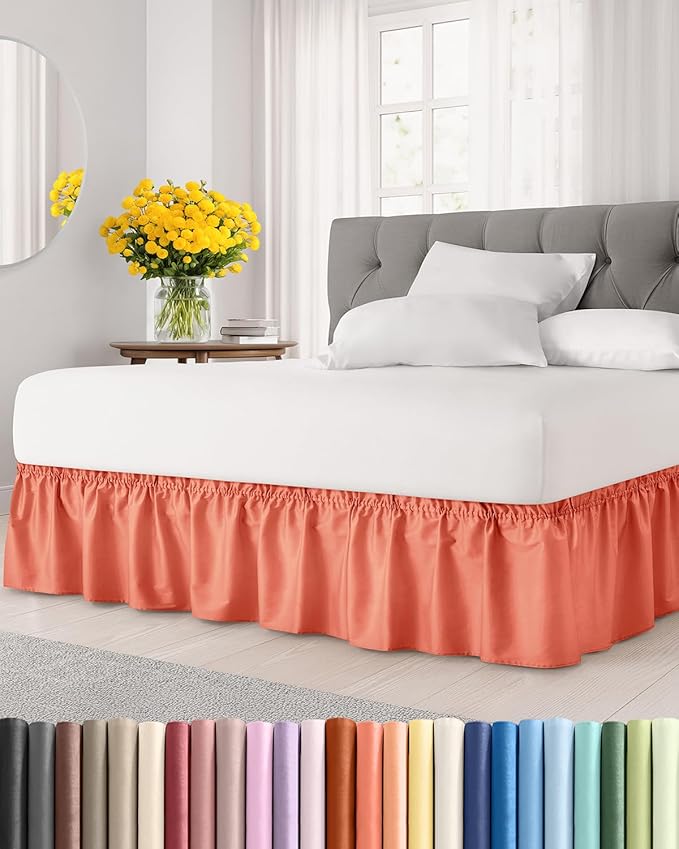 Wrap Around Dust Ruffle Bed Skirt - Coral - for King Size Beds with 18 Inch Drop - Easy Fit Elastic Strap - Adjustable Pleated Bedskirt w/Brushed Fabric - Wrinkle Free - for Women, Men, Kids & Teens
