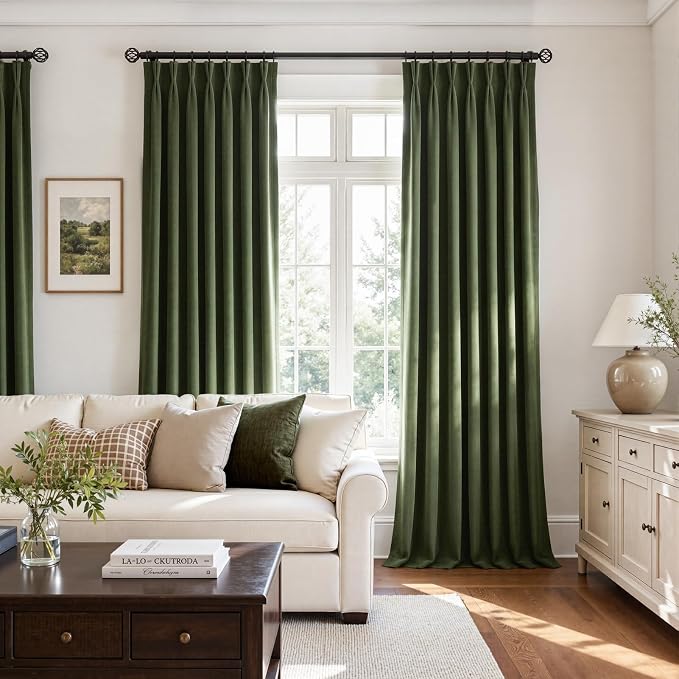 Moss Green Soft Velvet Pinch Pleat Blackout Curtains 102 Inches Long Soundproof - Image 2