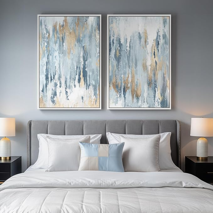 Large White Framed Blue and Gold Abstract Wall Art - Image 4