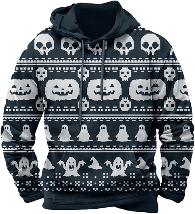 Halloween Hoodie Men Graphic Pumpkin Ghost Printed Sweatshirt Casual Trendy Long Sleeve Halloween Hooded Tops with Pockets