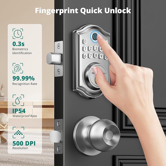 AkaGear DS10 Keyless Entry Door Lock with Door Knob, Fingerprint Door Lock, Electronic Keypad Deadbolt, Smart Door Lock, Smart Locks for Front Door, Auto-Lock - Satin Nickel