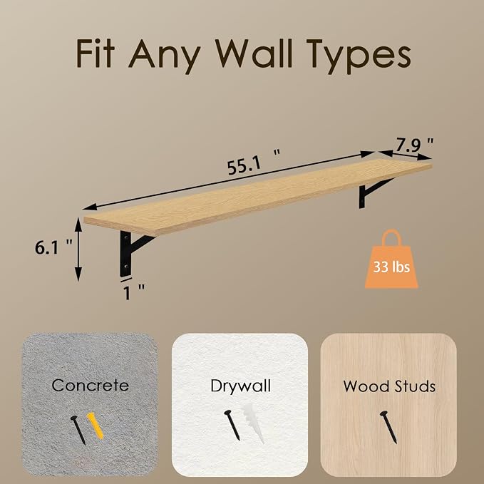 Long Wall Shelves, 55.1Inch Wooden Floating Shelves - Image 3