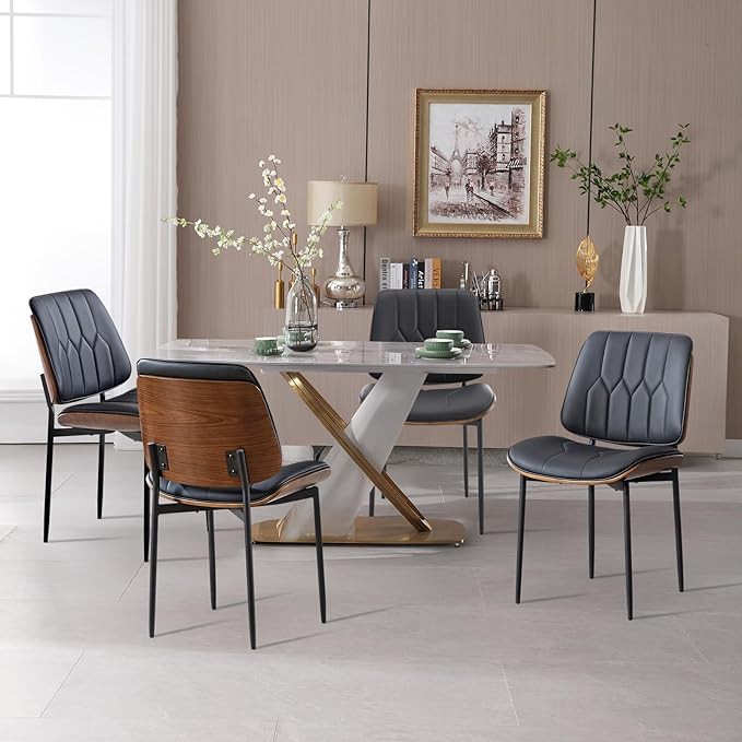 BV Mid Century Modern Dining Chairs Set of 2, Upholstered Pu Leather Accent Chair with Walnut Bentwood Back, Armless Kitchen Chair for Dining Room, Living Room, Kitchen, Black