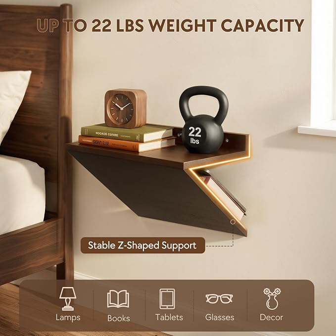 Floating Nightstand Set of 2 Walnut Bedside Table Wall Mounted Wood | Z-Shape - Image 3