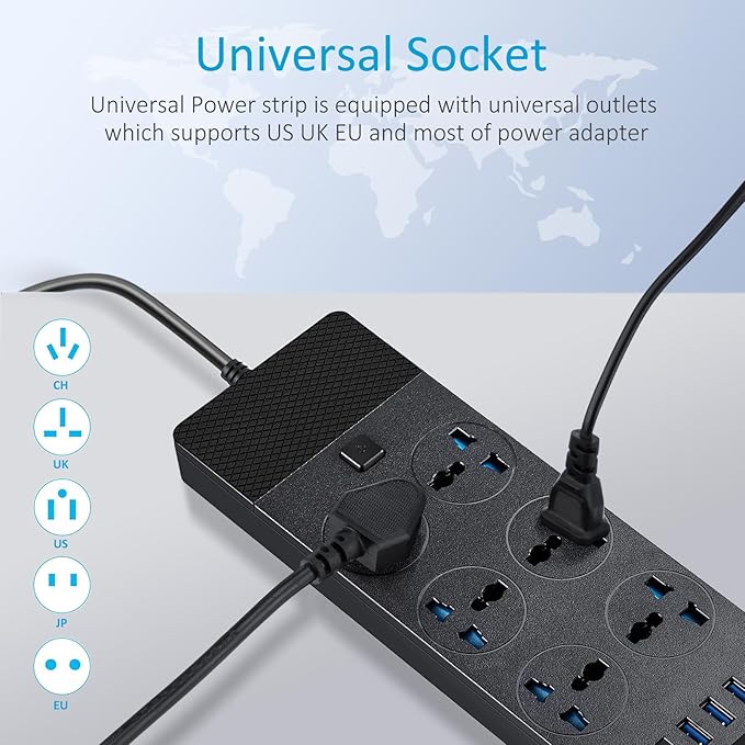 Universal Power Adapter, Jumpso 3000w Power Strip with 4 USB Ports (1 USB C), 6ft Extension Cord with International Outlets, 110-240v, European Travel Plug Adapter for Home Office Travel, Black