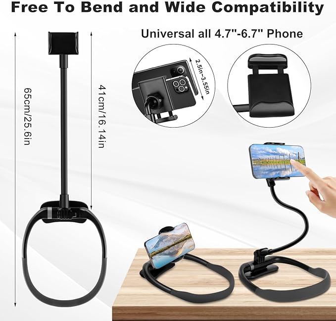 Cell Phone Stand, Neck Cell Phone Holder, Hand Free Flexible Gooseneck Phone Holder for Bed, Neck Phone Holder POV/Vlog Selfie Mount, Universal Multi-Functional Phone Stand for 4.7''-6.7'' Phone