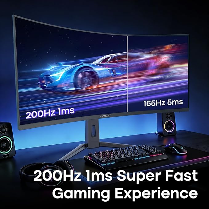 Amzfast 34 Inch 200Hz UltraWide Curved WQHD 3440x1440 Gaming Monitor, 1ms G-SYNC Compatible, 1500R, PIP/PBP, 131% sRGB, 96% DCI-P3, Height Adjustable,TÜV Rheinland, HDMI 2.1 x 2 & DP 1.4 x 1, AMZG34C8