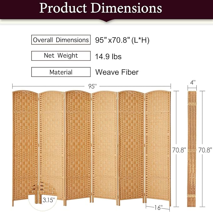 RHF Room Divider Panel, 6 Panel Partition Room Dividers Screen, Light Beige | - Image 3