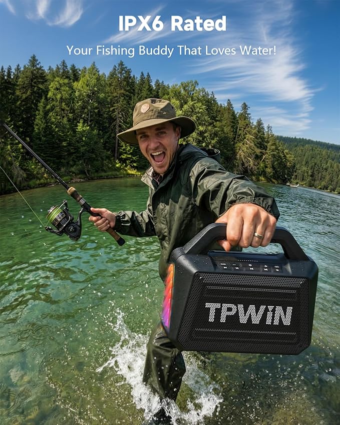 TPWIN Bluetooth Speaker - 80W Loud Rugged Outdoor Speakers, IPX6 Waterproof, 20H Playtime, Deep Bass, Lightshow, TWS, BT 5.3 Wireless, Portable for Travel Hiking Camping Beach Pool - Black