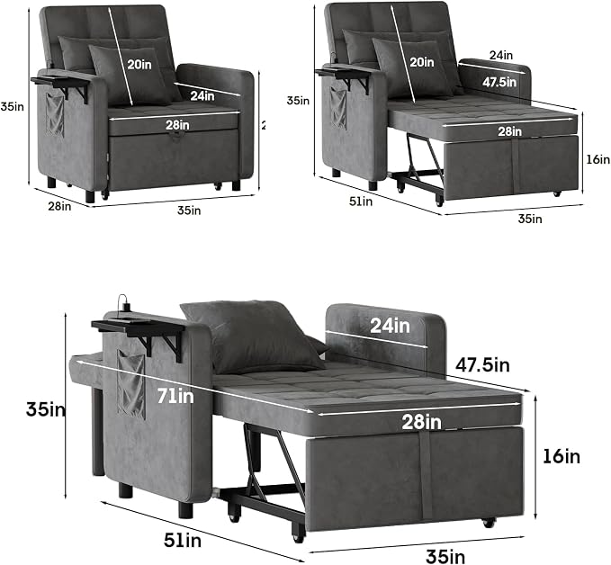 Convertible Sleeper Chair Bed, 3-in-1 Sofa Bed - Image 2