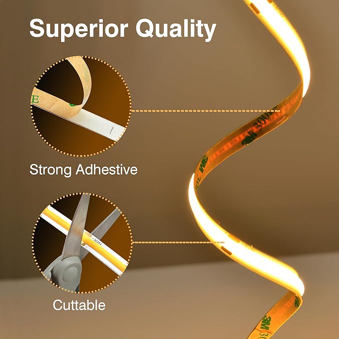 Pandery COB LED Strip,LED Strip Lights 5M/16.4ft,Touch Dimmable LED Strips,CRI90+,3000K Warm White cob led,1600LEDs,24V LED Tape Lights,Indoor for Bedroom, Kitchen, TV, Mirror,Cabinet