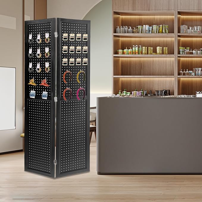 4 Panel Pegboard Room Divider | Black Wood Folding Privacy Screen - Image 3