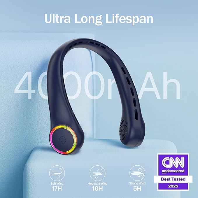 GULAKI Portable Neck Fan, Personal Fan with 4000mAh Battery, Rechargeable Neck Fan with 3 Speeds and 64 Cool Lights, Birthday Gifts for Men Women Mom Dad, Hands Free Cooling fan for Summer(Navy Blue)
