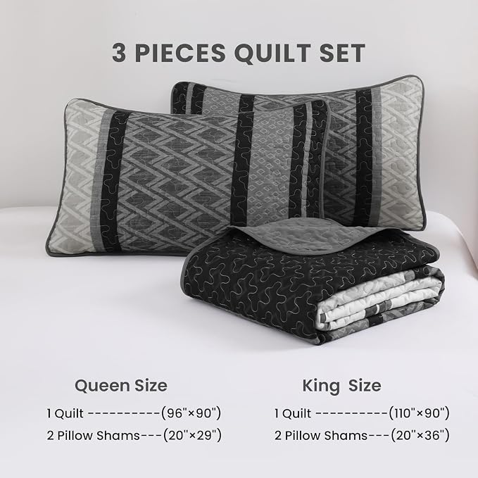 Dinjoy Quilts King Size, Striped Bedspread Bedding Sets, Dark Grey | 3 Pieces - Image 6